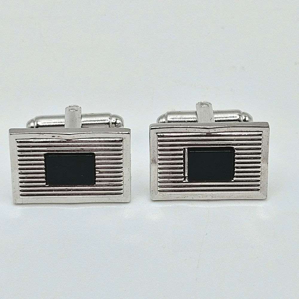VINTAGE Dante Silver Tone Genuine Onyx Inset Rectangular Cufflinks Set Signed